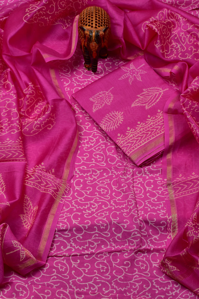 Pink Leaf Print Cotton Suit Set with Cotton Duppatta