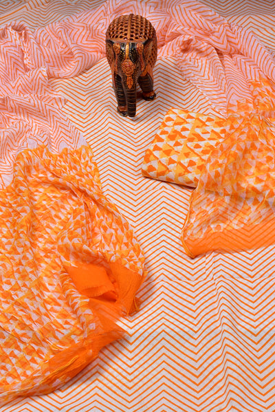 Orange Strips Print Cotton Unstitched Suit Set with Chiffon Dupatta