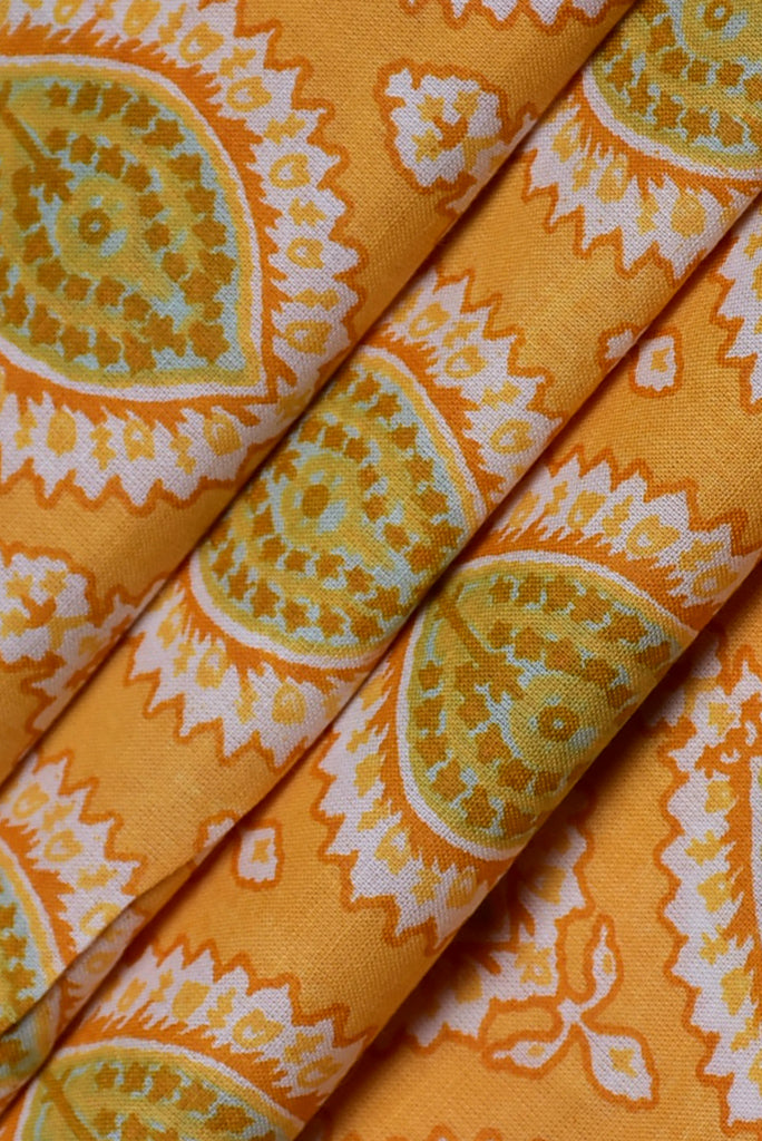Orange Leaf Print Cotton Fabric
