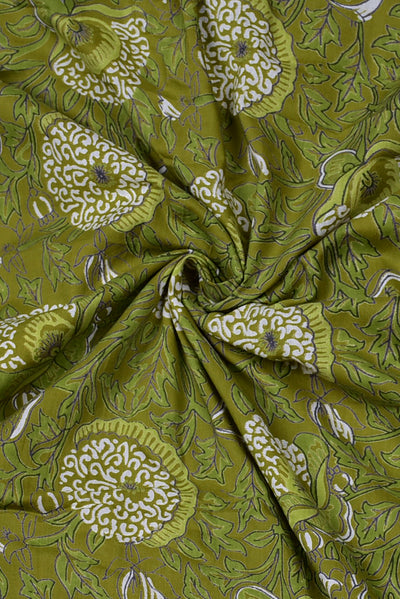 Dark Green Flower Print Cotton Fabric