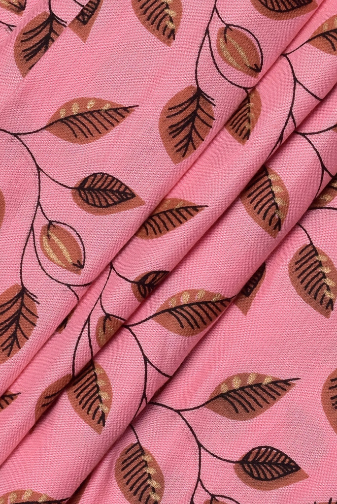 (Cut Piece 0.75 Mtr) Pink Leaf Print Rayon Fabric