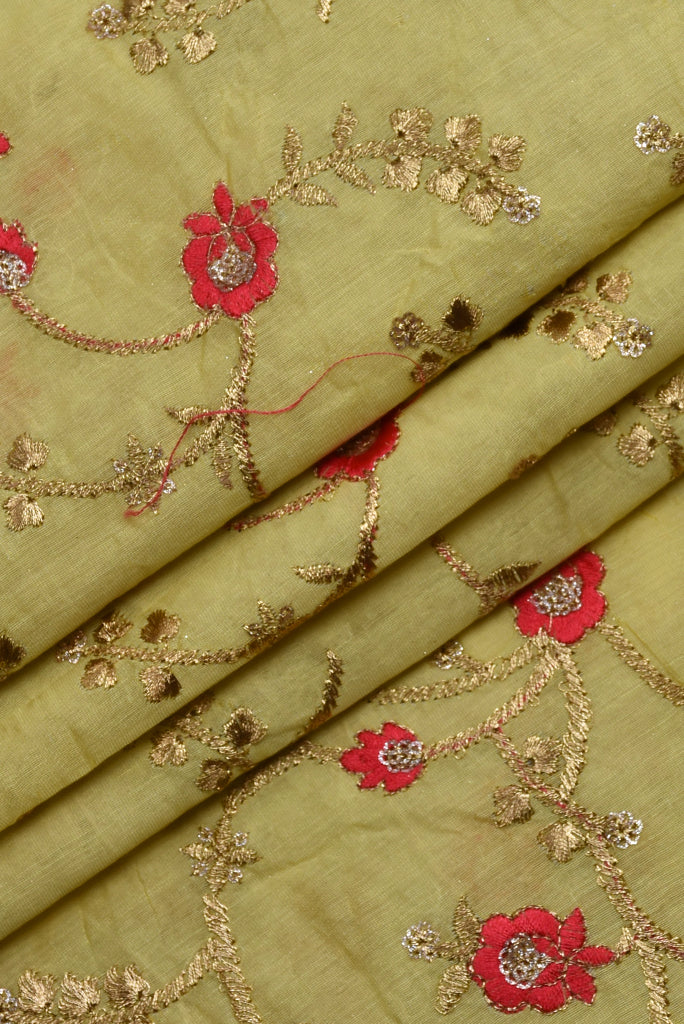Yellow Flower Chandari Silk Fabric