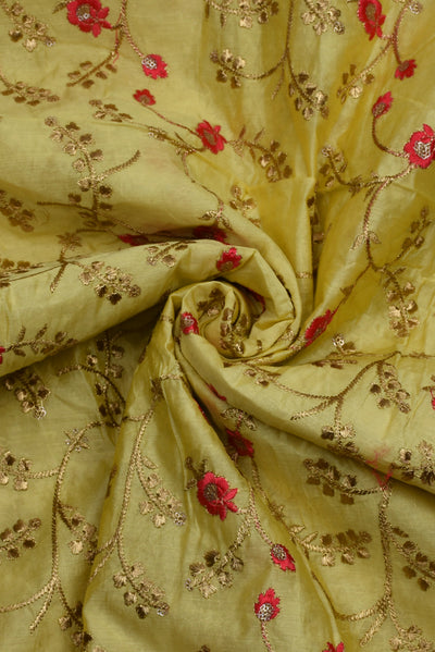 Yellow Flower Chandari Silk Fabric