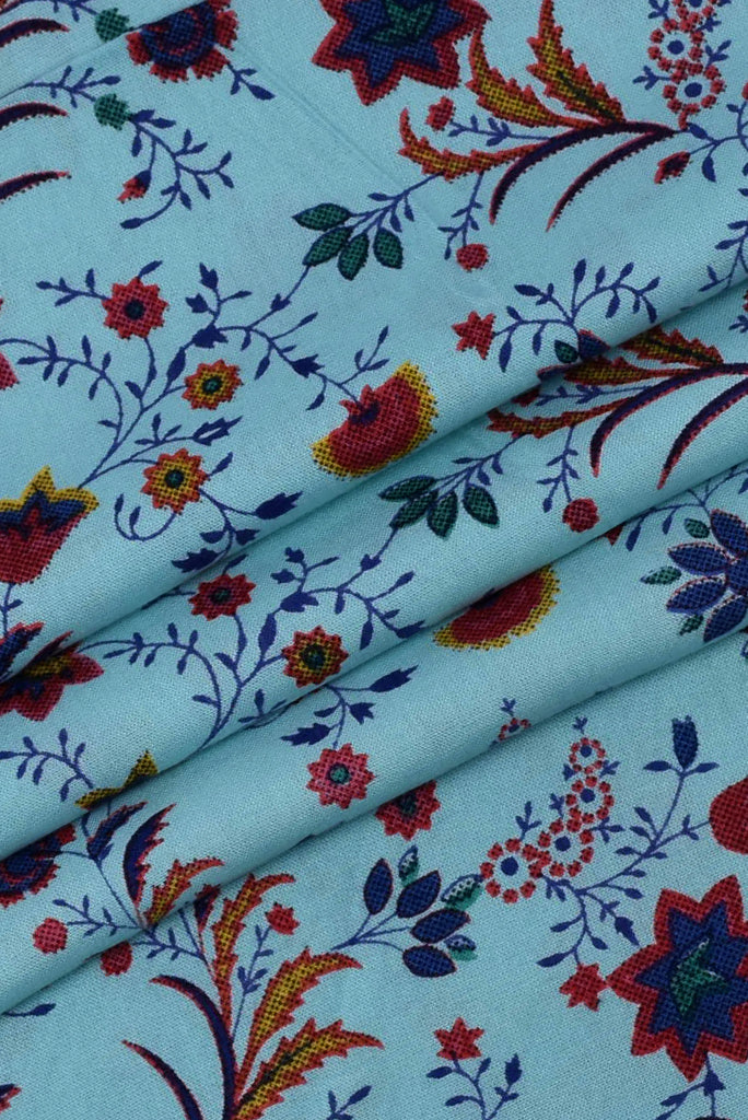 Sky Blue Floral Printed Cotton Fabric
