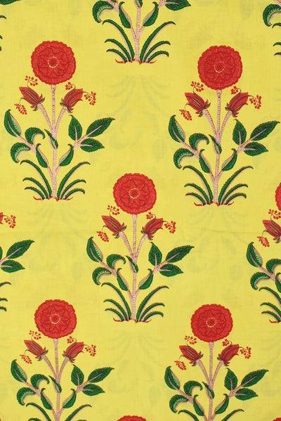 Lemon Yellow  Floral Mughal Printed Cotton Fabric