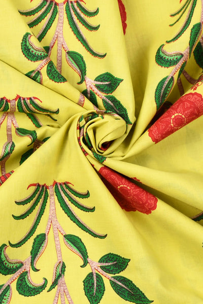 Lemon Yellow  Floral Mughal Printed Cotton Fabric