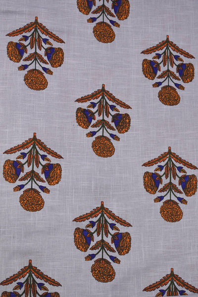 Grey Floral Printed Rayon Slub Fabric