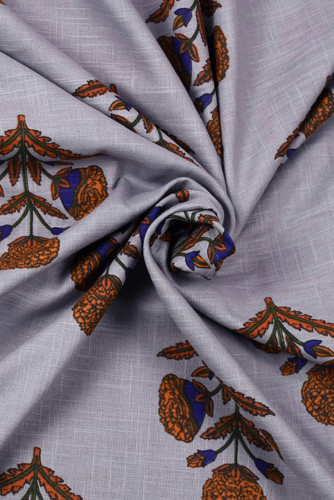 Grey Floral Printed Rayon Slub Fabric