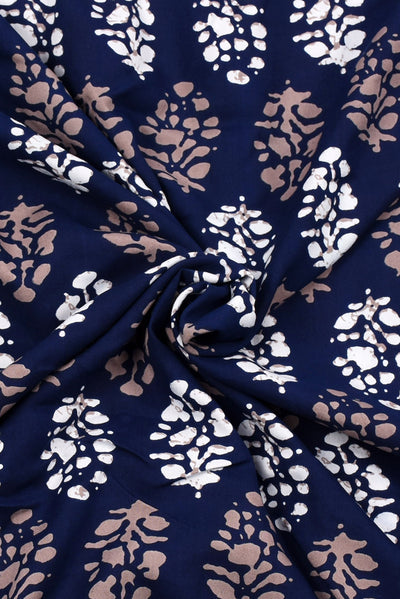 Navy Blue Flower Printed Rayon Fabric