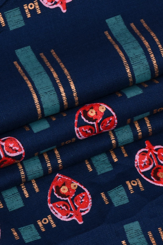 Navy Blue Stripes Printed Rayon Fabric