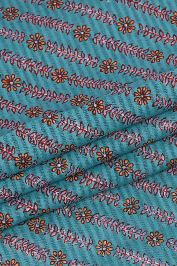 Sky Blue Leaf Flower Printed Cotton Fabric