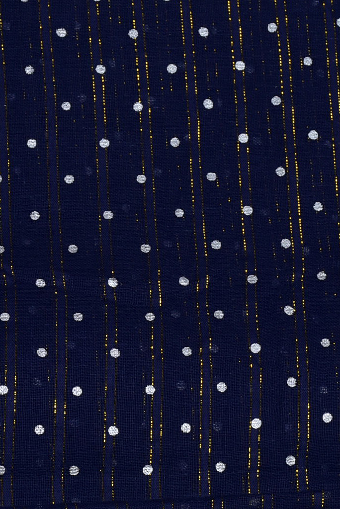 (Cut Piece 0.70 Mtr) Dark Blue Polka Dots Print Cotton Lurex Fabric