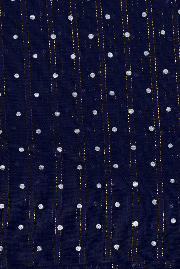 Dark Blue Polka Dots Print Cotton Lurex Fabric