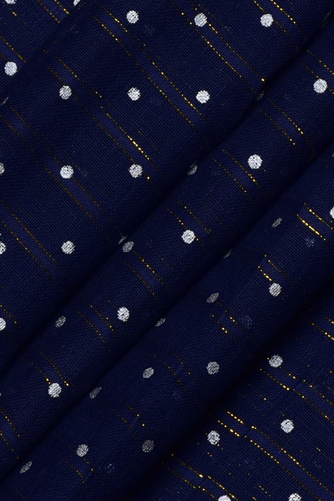 Dark Blue Polka Dots Print Cotton Lurex Fabric