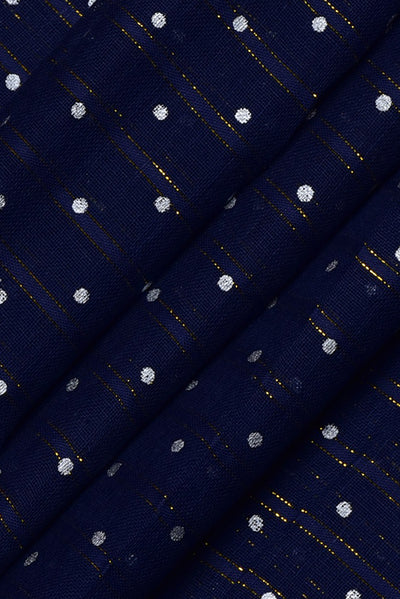 (Cut Piece 0.70 Mtr) Dark Blue Polka Dots Print Cotton Lurex Fabric