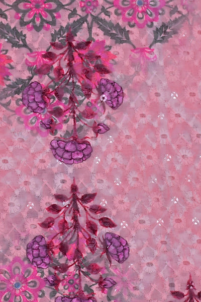 Pink Flower Print Lucknowi Work Fabric