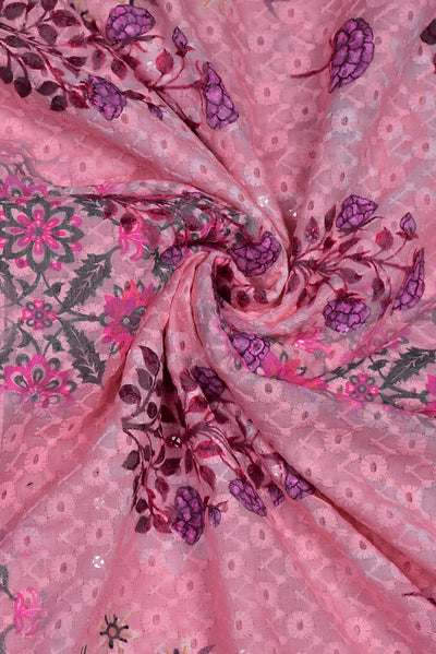 Pink Flower Print Lucknowi Work Fabric
