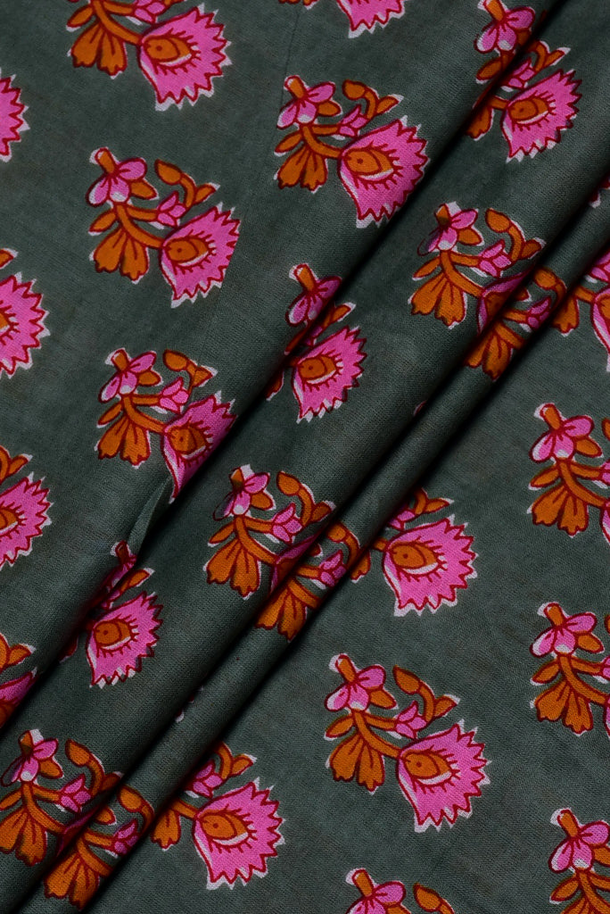 Grey Flower Print Cotton Fabric