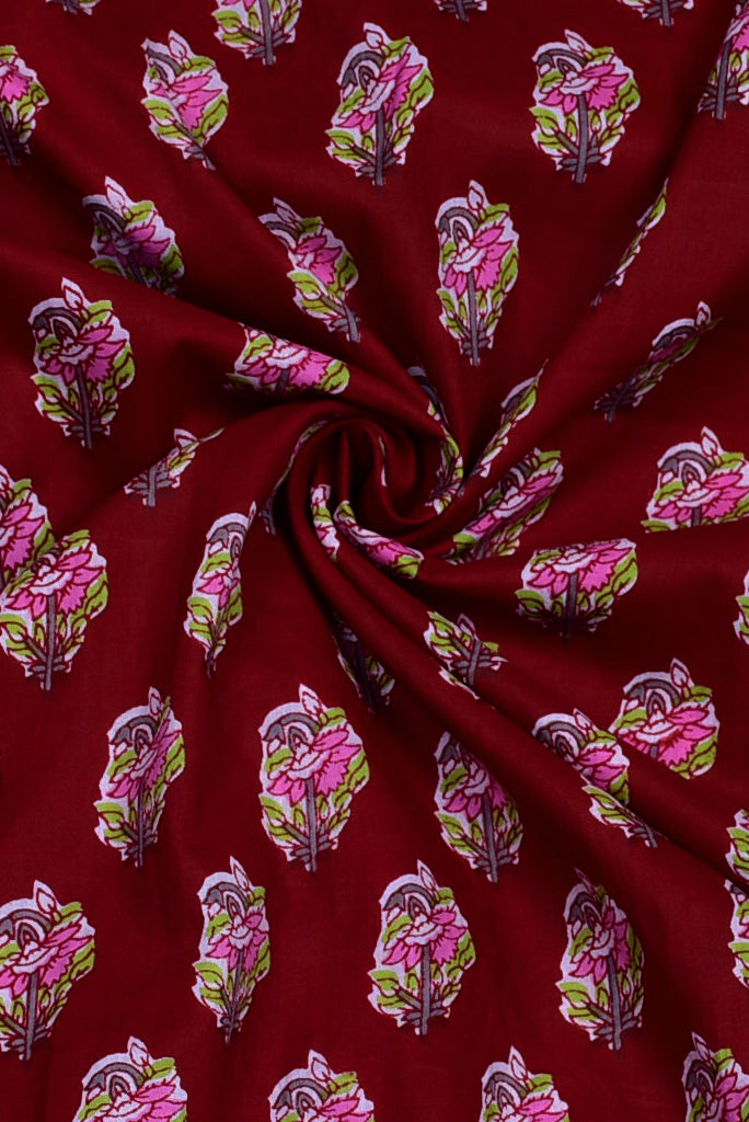 Dark Red Flower Print Cotton Fabric