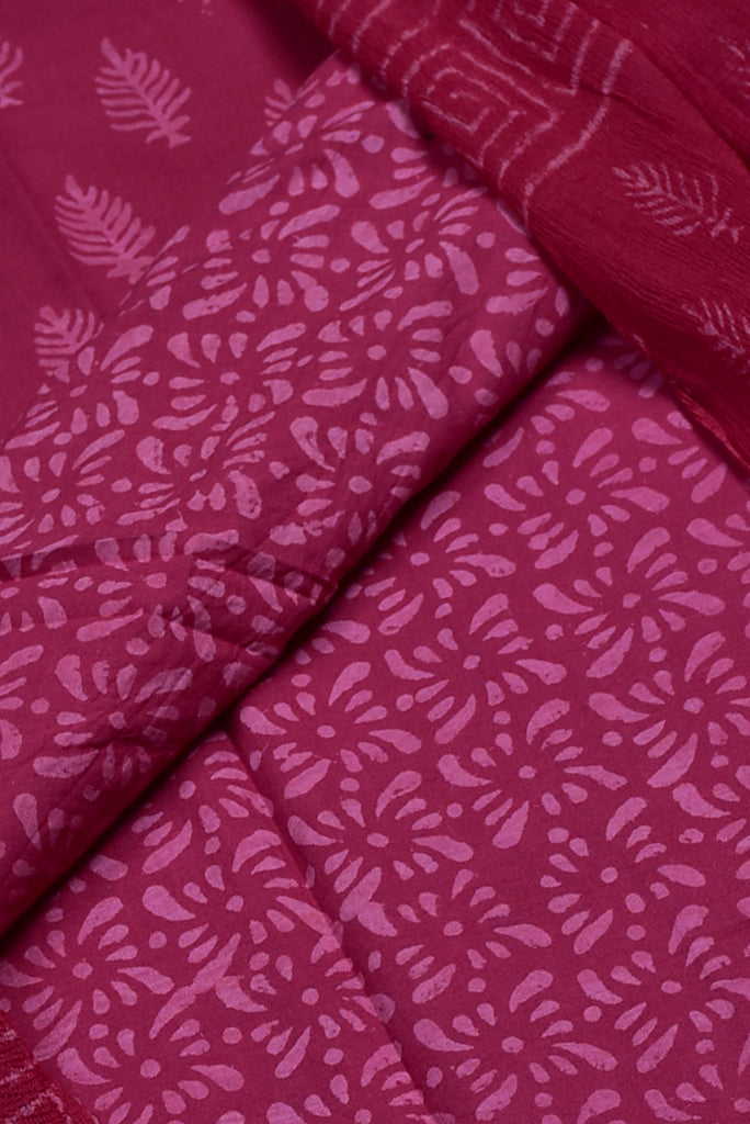 Dark Pink Leaf Print Cotton Unstitched Suit Set with Chiffon Dupatta