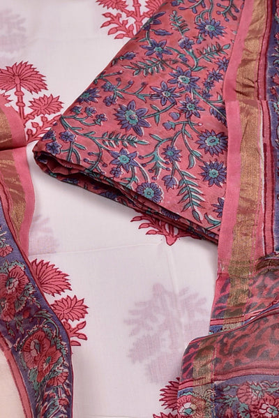 Pink Flower Print Chanderi Unstitched Suit Set with Cotton Bottom
