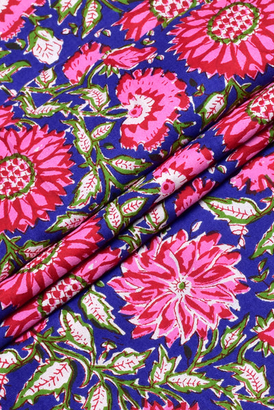 (Cut Piece 0.45 Mtr) Blue Flower Print Rayon Fabric