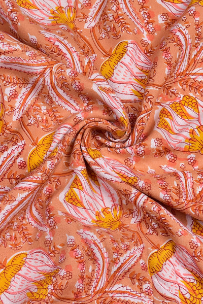 Peach Flower Print Rayon Fabric