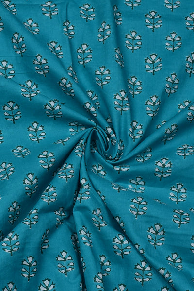 (Cut Piece 0.40 Mtr) Blue Flower Print Cotton Fabric