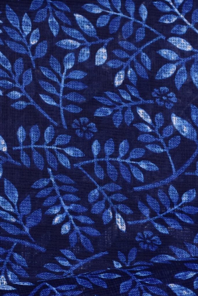 Blue Leaf Print Kota Doria Fabric