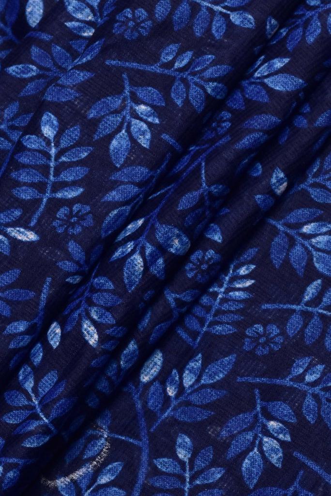 Blue Leaf Print Kota Doria Fabric
