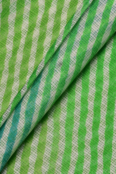 (Cut Piece 0.65 Mtr) Green Stripes Print Kota Doria Fabric