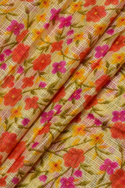 (Cut Piece 0.40 Mtr) Yellow Flower Print Kota Doria Fabric