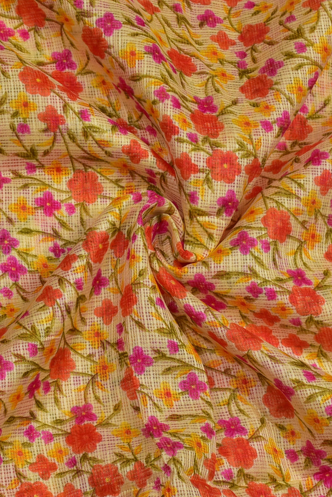Yellow Flower Print Kota Doria Fabric