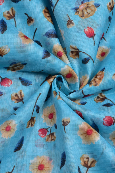 Sky Blue Flower Print Kota Doria Fabric