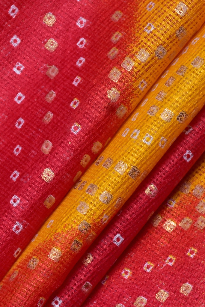 Red & Yellow Foil Print Kota Doria Fabric