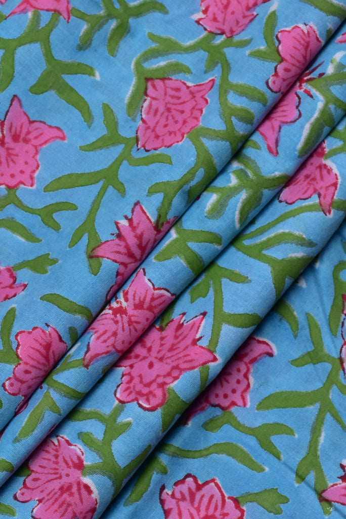 Sky Blue Flower Printed Cotton Fabric