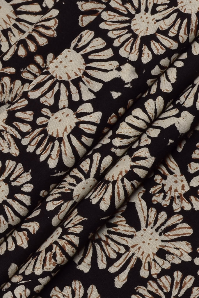 Black Flower Print Cotton Bagru Fabric