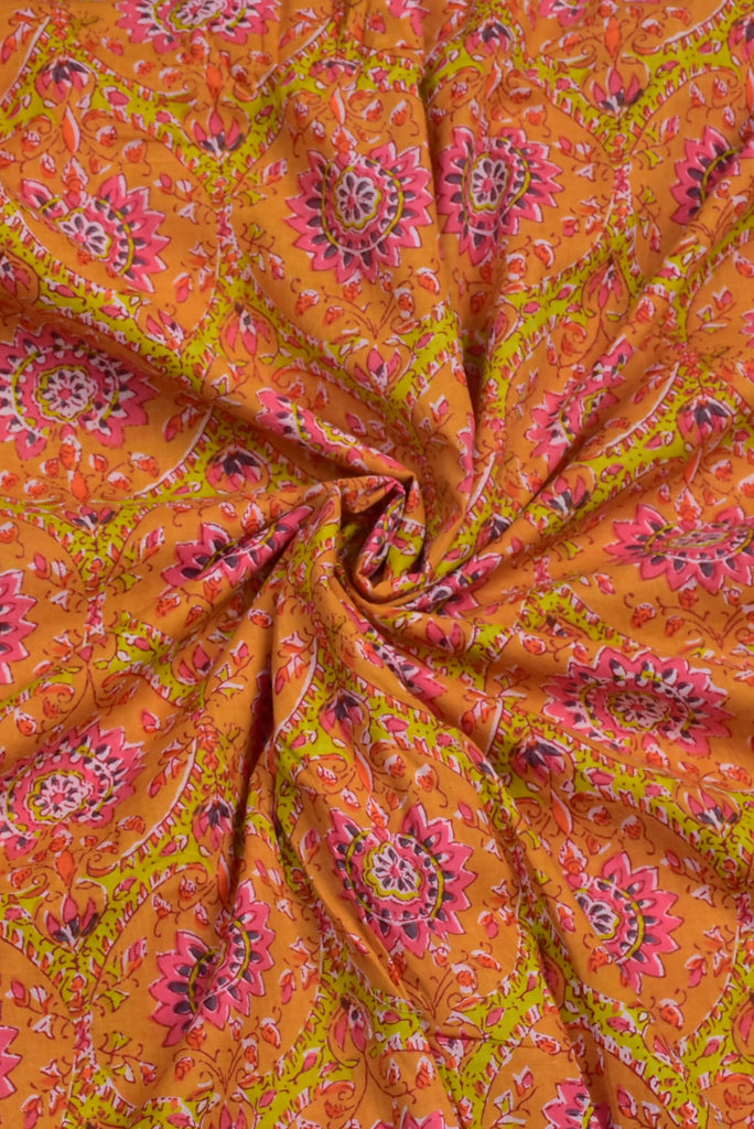 Orange Flower Print Cotton Fabric