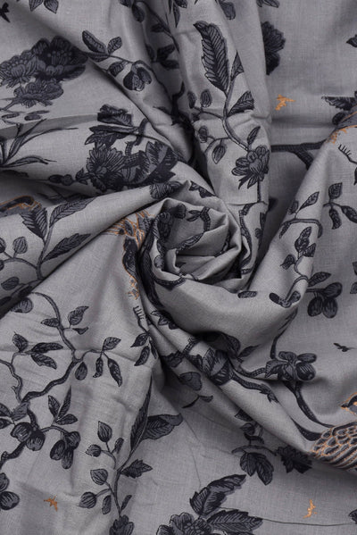 Grey Flower Printed Screen Cotton Print Fabric