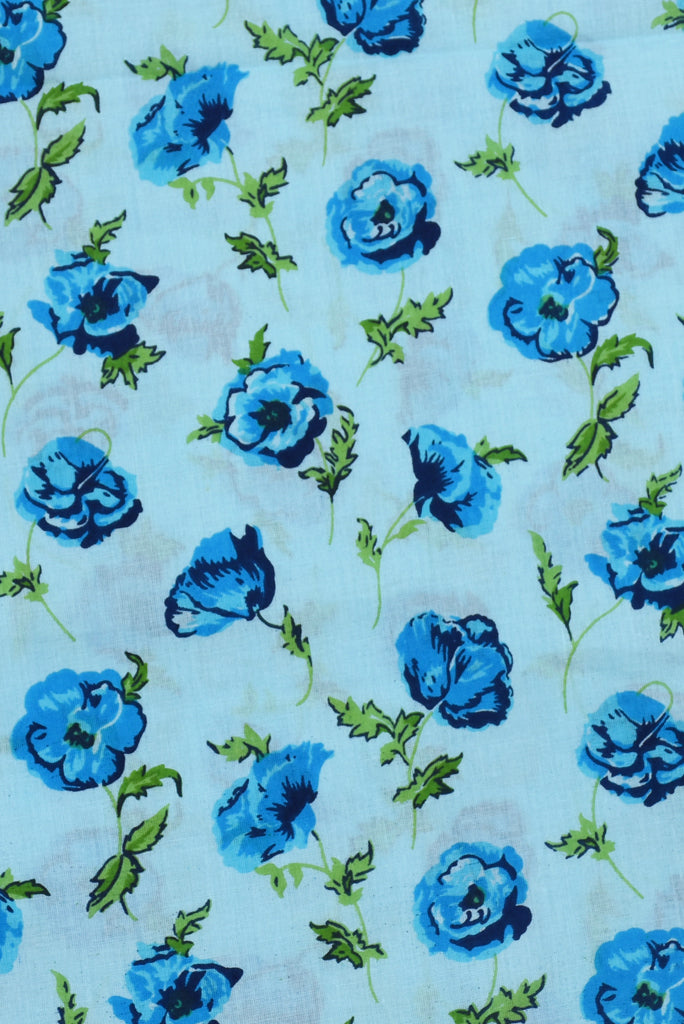 Sky Blue Floral Printed Screen Cotton Print Fabric
