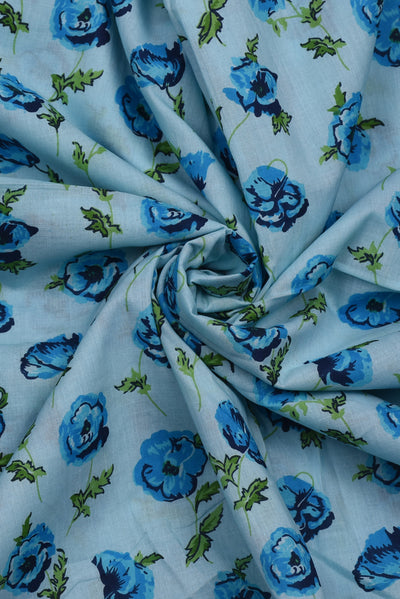 Sky Blue Floral Printed Screen Cotton Print Fabric