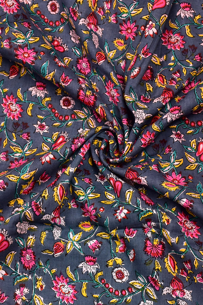 Grey Flower Print Rayon Fabric
