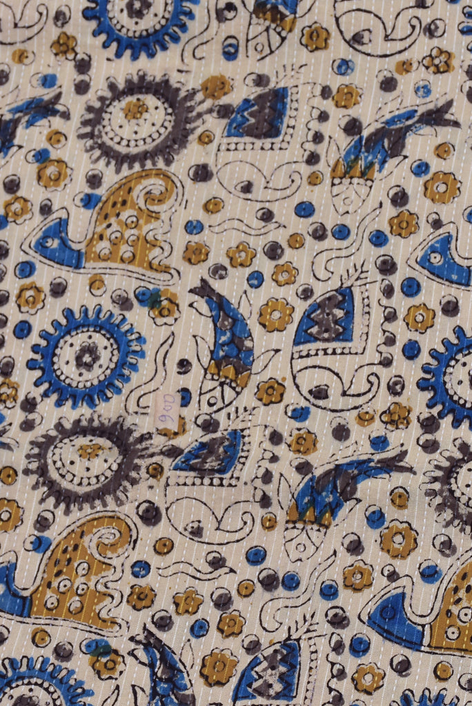 Cream Elephant Print Kantha Cotton Fabric