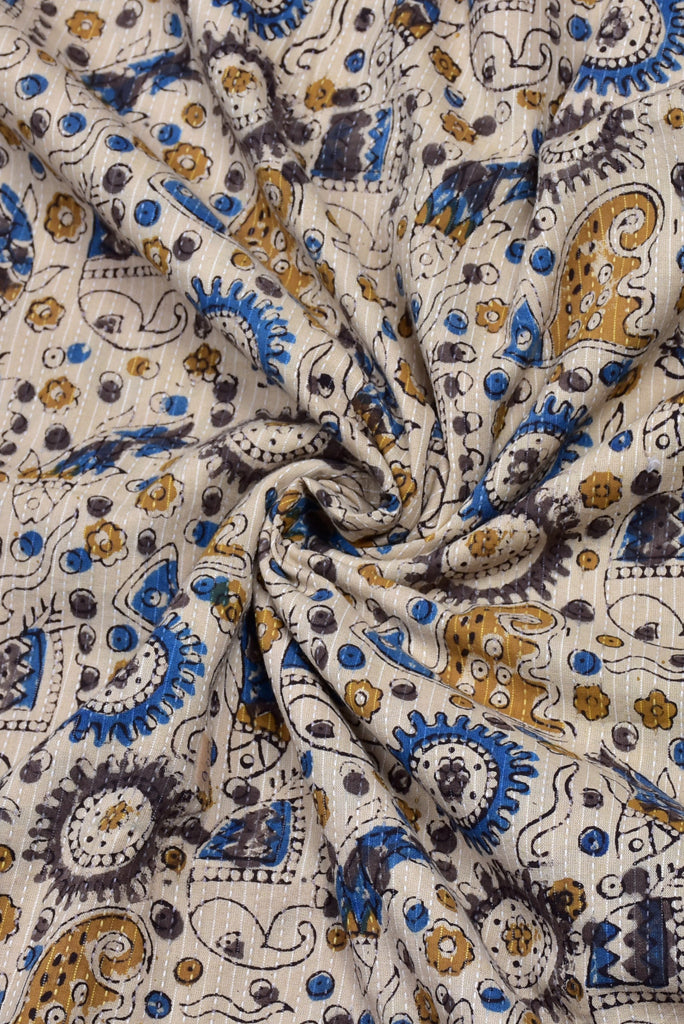 Cream Elephant Print Kantha Cotton Fabric