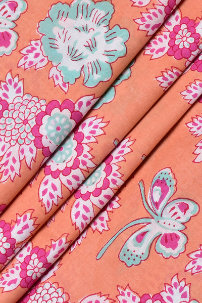 (Cut Piece 0.40 Mtr) Peach Flower Print Cotton Fabric