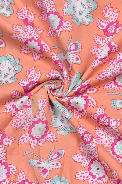 (Cut Piece 0.40 Mtr) Peach Flower Print Cotton Fabric