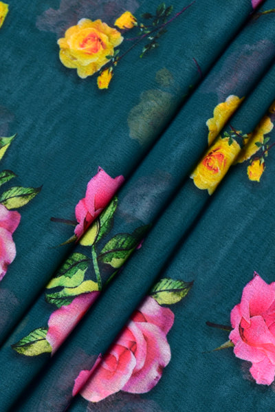 Dark Green Flower Print Georgette Fabric