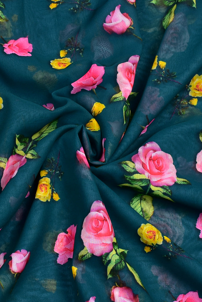 Dark Green Flower Print Georgette Fabric