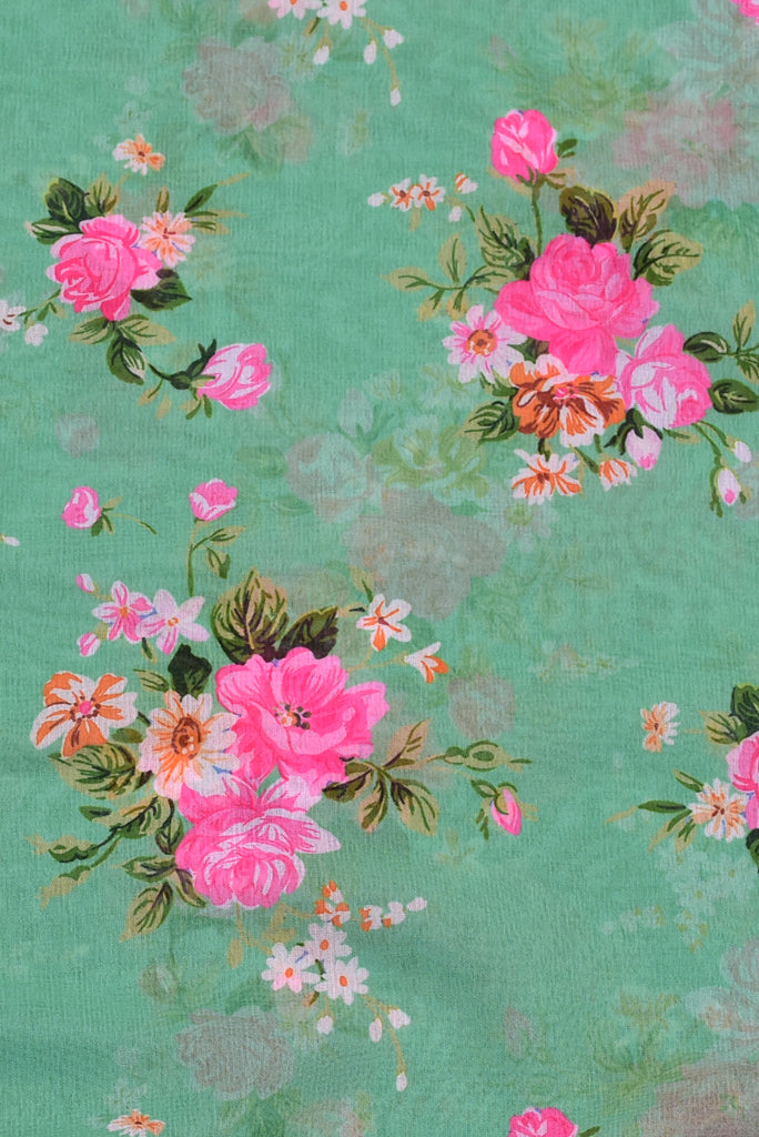 Sea Green Flower Print Georgette Fabric