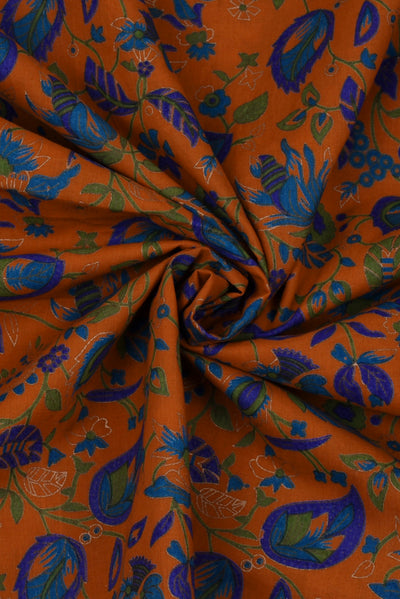 Orange and Blue Leaf Printed Cotton Fabric